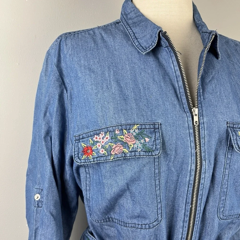 Given Kale Boho Embroidered Dress Womens XL Blue Chambray Floral‎ Belted